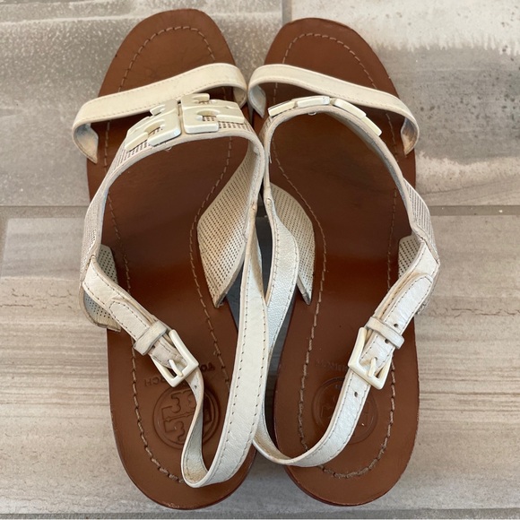 Tory Burch Lowell 2 Ivory Perforated Leather Logo Sandal 2" Heels Size 9.5 - Picture 7 of 15